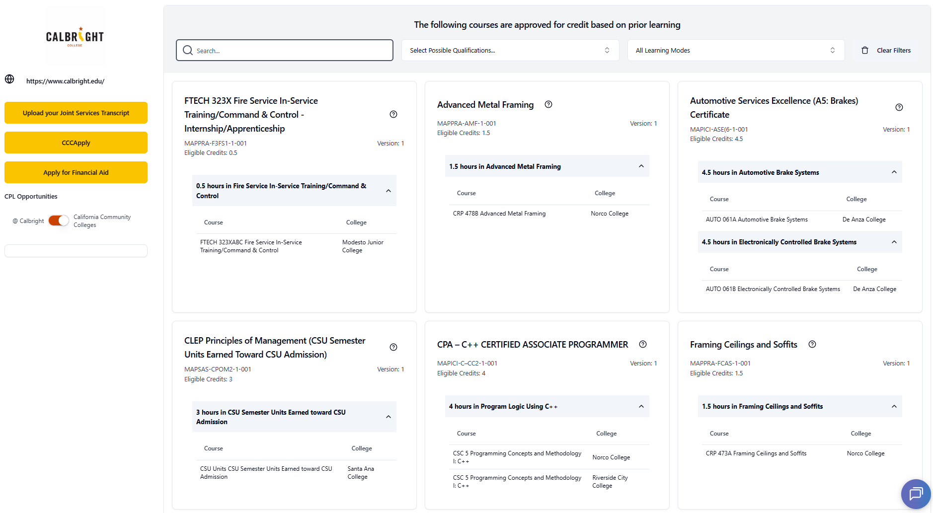 Screenshot of the Calbright College CPL Landing Page beta, showing industry credentials students earn at Calbright that have been articulated by colleges across the system, with clickable college options.